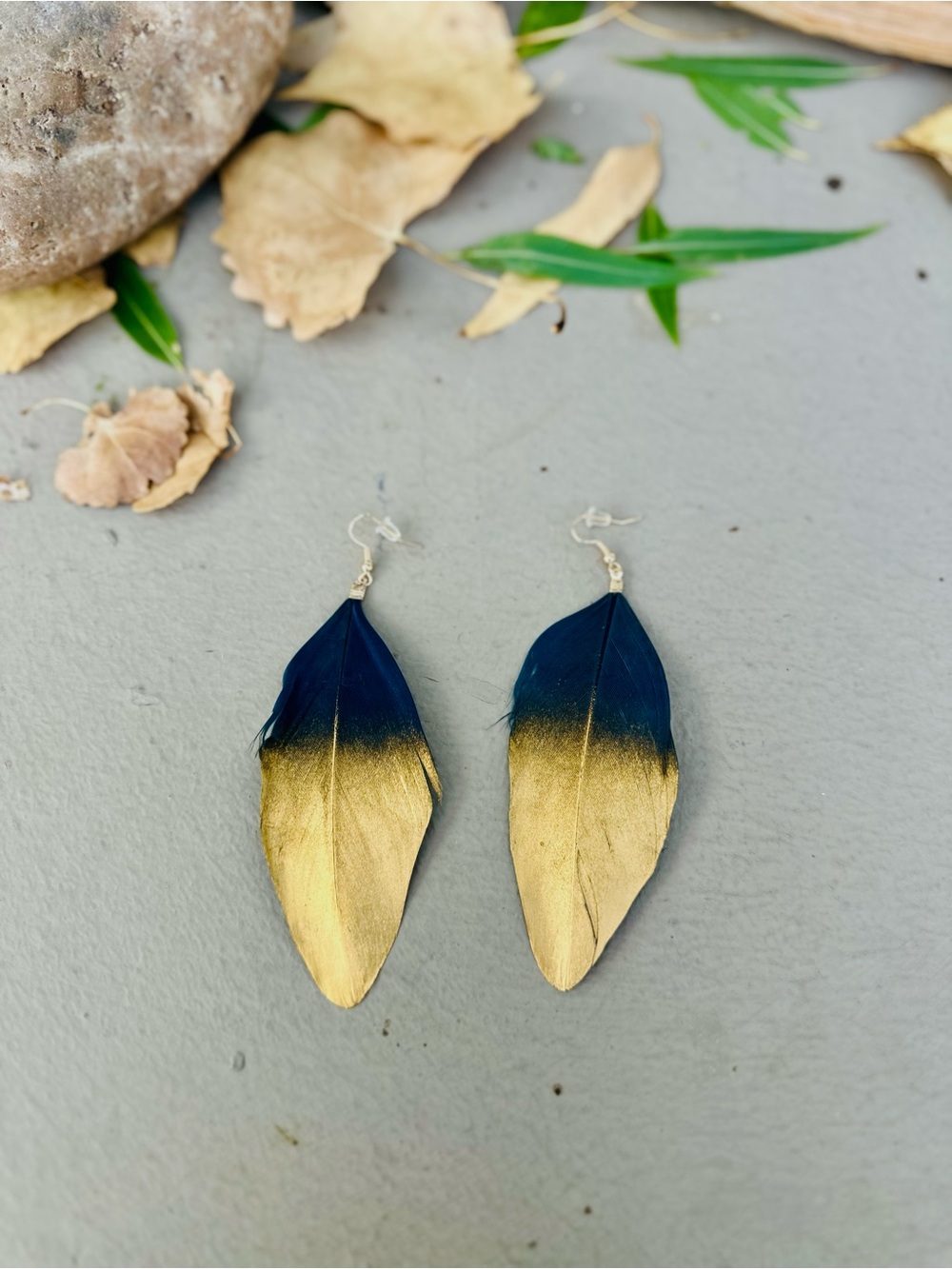 Handcrafted Navy and Gold Feather Drop Earrings - Women Jewelry